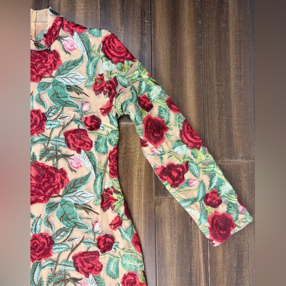 Size M Mock Neck Long Sleeve Mini Dress 3D Flowers Bodycon Tulle Red Pink Green - Picture 4 of 14